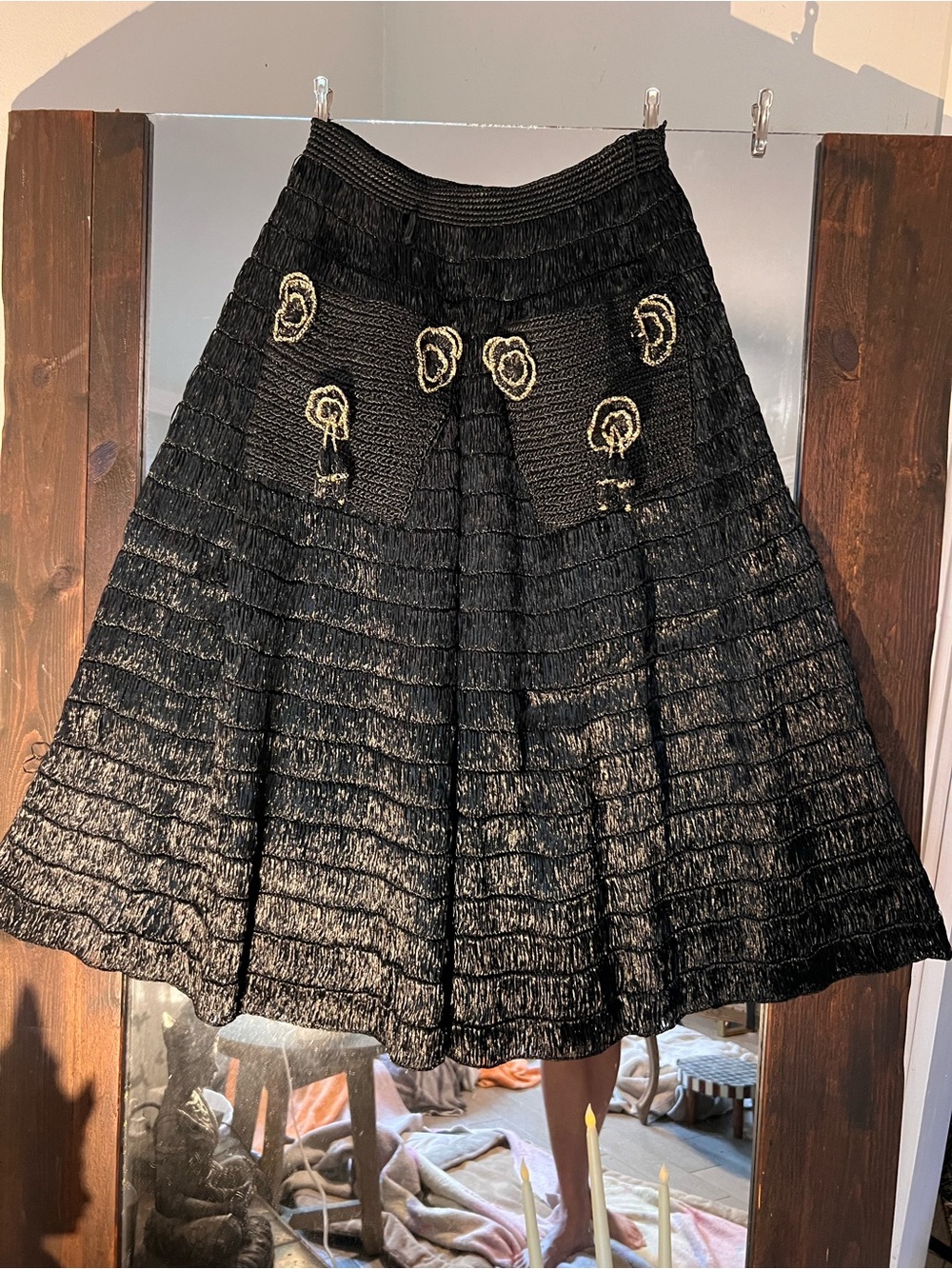 Black Raffia Embroidered Midi Skirt hard to find S